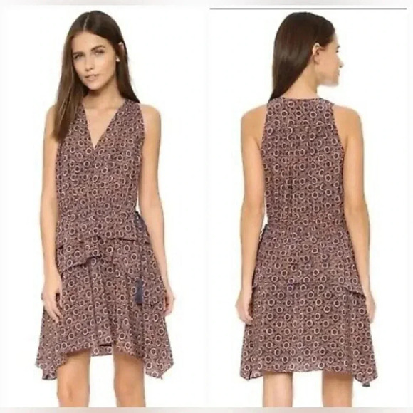 Derek Lam 100% silk tiered patterned dress with side tassel. Size 4 - Picture 1 of 11